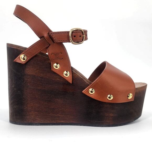 Celine Wooden Platform Wedge Sandals Tan Leather Gold Studs 37 (US 7) - Picture 10 of 17